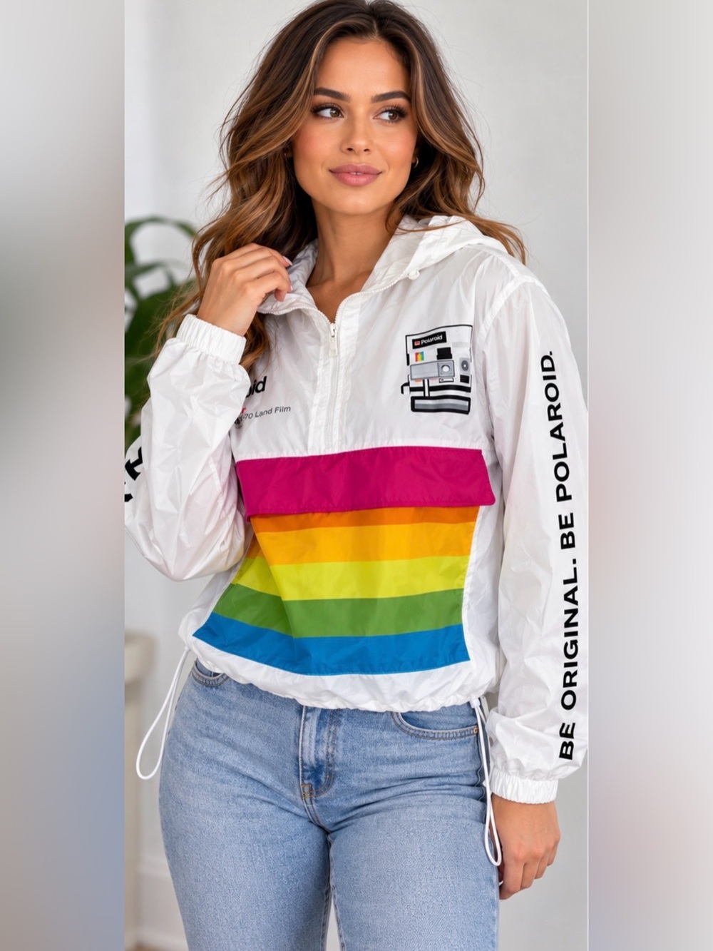 POLAROID ||  White Supercolor Rainbow Cropped Hooded Windbreaker Jacket. Sz. M